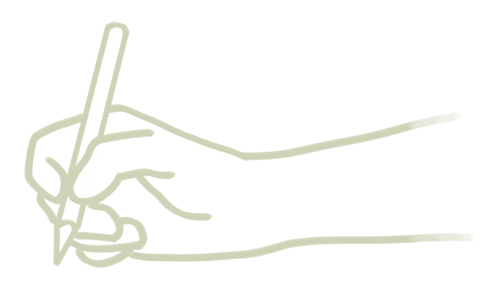 Pale green line art of a hand holding a pencil.